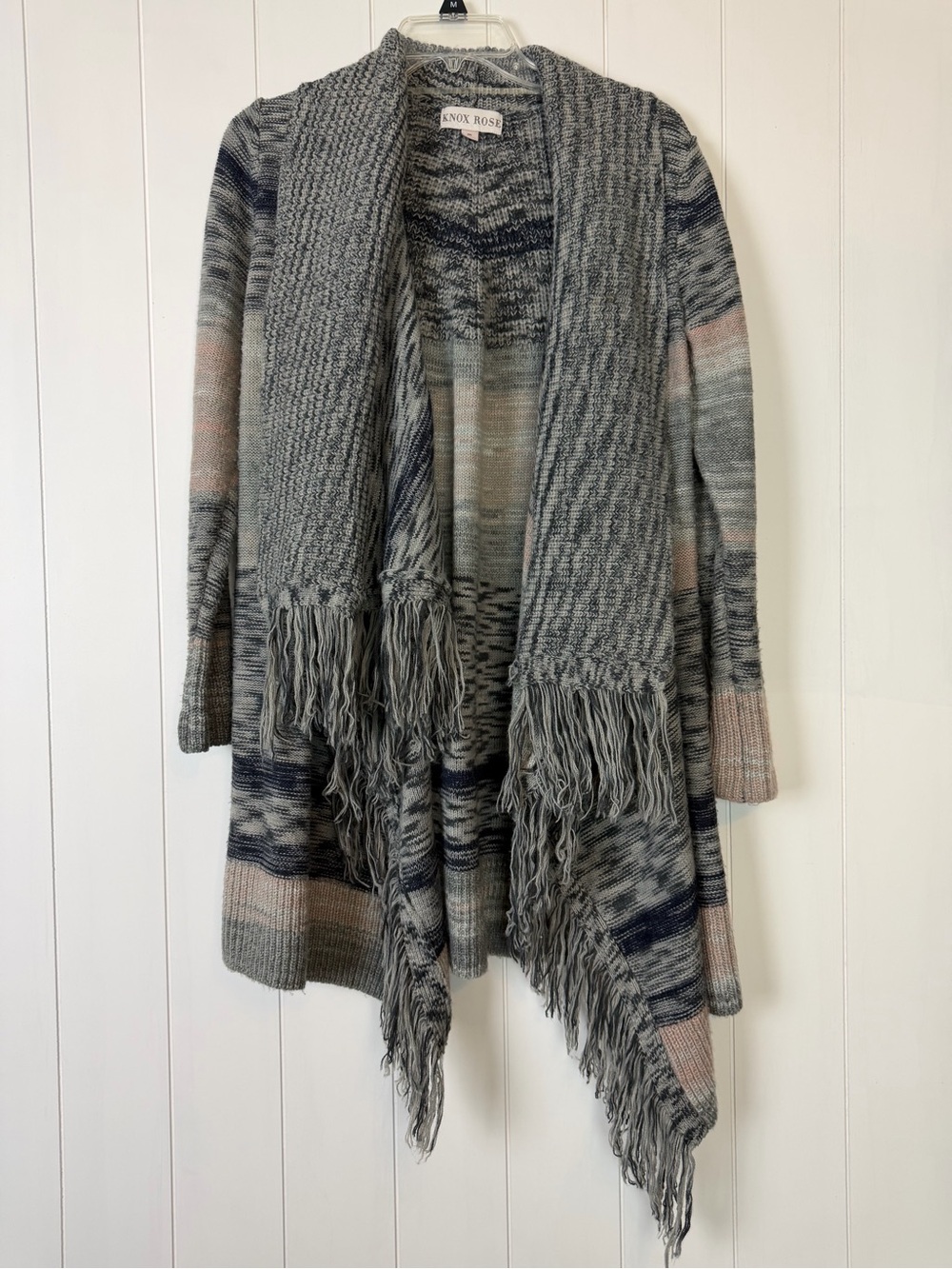 Knox Rose Gray, Navy & Soft Pink Fringe Open-Front Cardigan